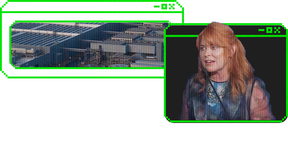 Data-center facility alongside a photo of Stacy Garrity
